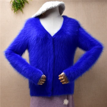 04 Дами жени есен зимно облекло синьо космати норка кашмир трикотажни v-образно деколте тънък жилетки ангора кожено яке палто пуловер дръпнете