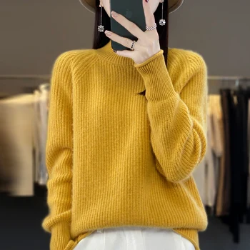 100% кашмирен пуловер от мериносова вълна дамски пуловер кърлинг поло дълъг ръкав пуловер дебел пуловер за есента и зимата.