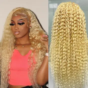 13x6 Deep Wave Blonde Lace Front Wigs Човешка коса 180% плътност 613 HDTransparent дантела фронтални перуки предварително оскубани с бебешка коса
