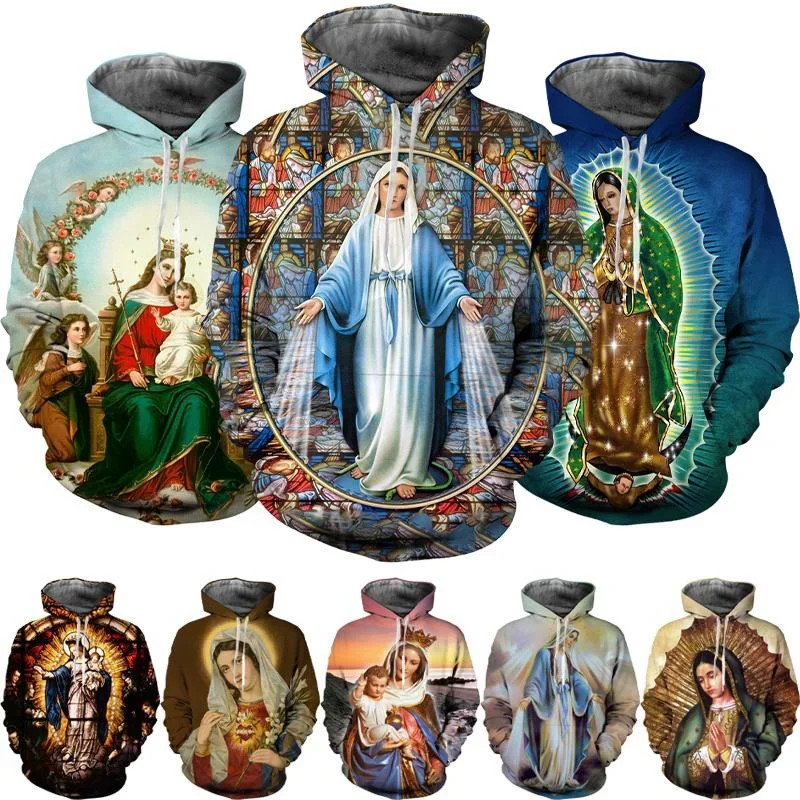 2024 Нови мъже жени мода християнска личност улица вяра унисекс качулки Гуадалупе Дева Мария на Мексико 3D отпечатани палта Изображение 0