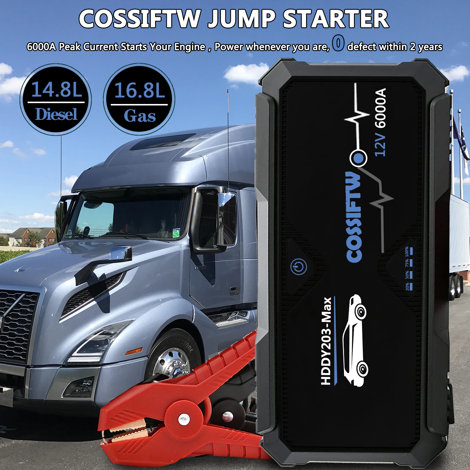 6000A Car Jump Starter Portable Power Bank Голям капацитет 12V устройство за стартиране на автомобили с USB3.0 Бързо зареждане на зарядно устройство за акумулатор за кола Изображение 0