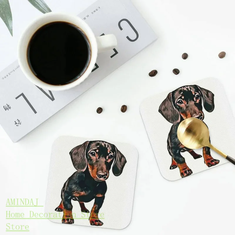 Dachshund Dog Pupy Pet Coasters Кожени подложки Водоустойчива изолация Кафе постелки за декор Начало Кухня Подложки за хранене Комплект от 4 Изображение 0