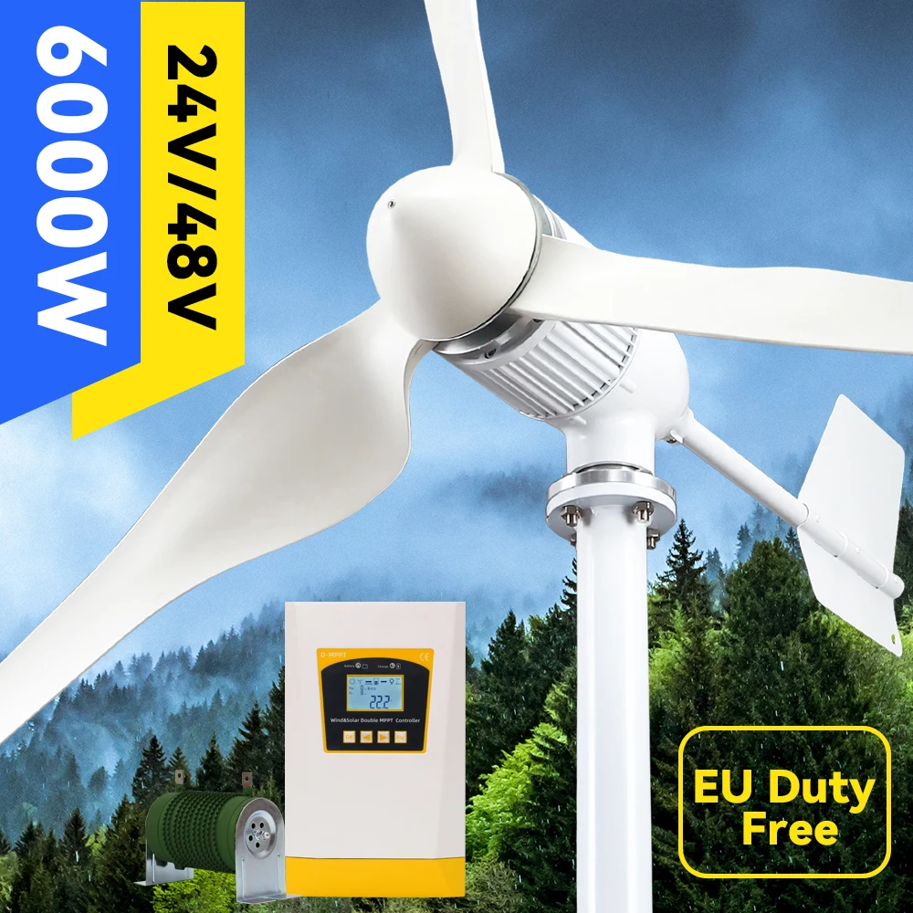EU Duty Free 6000W хоризонтална вятърна турбина генератор 3Blades 48V 24V с MPPT зарядно контролер извън мрежата система за домашна употреба Изображение 0