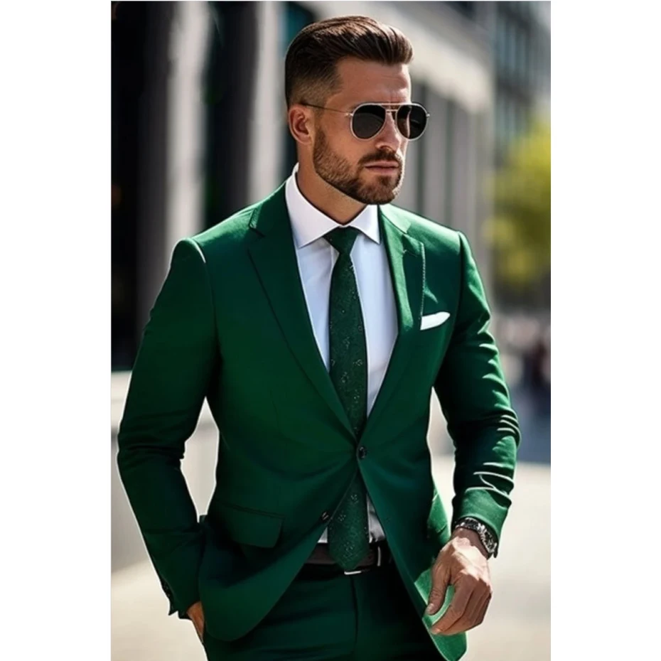 Fashion Green Men Suits Blazer Slim Fit Notched Lapel Single Breasted Flat Skinny 2 Piece Jacket Pants Elegant Blazer 2023 Изображение 0