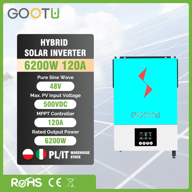 GOOTU 6200W хибриден слънчев инверторен конвертор 6.2KW 48V 230VAC MPPT контролер за слънчево зареждане 120A за слънчев панел Безплатна доставка Изображение 0