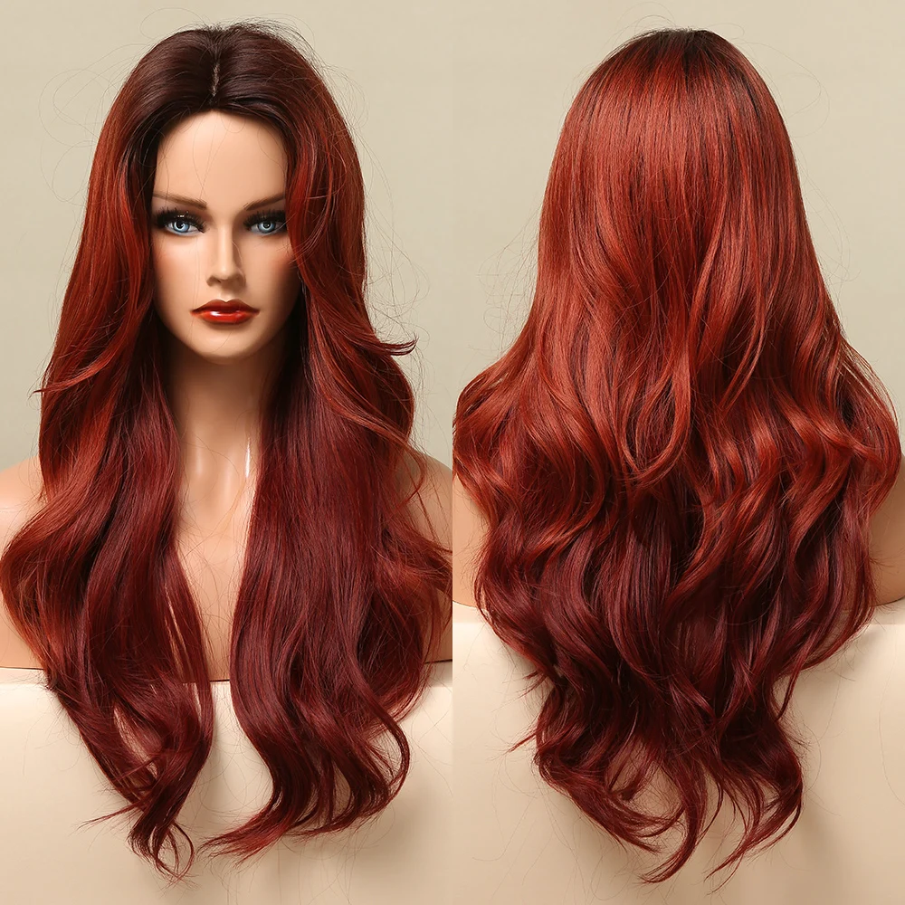 Long Body Wave синтетични перуки Ombre кафява до дълбоко червена перука коса за жени средна част косплей парти Daily топлоустойчиви влакна Изображение 0