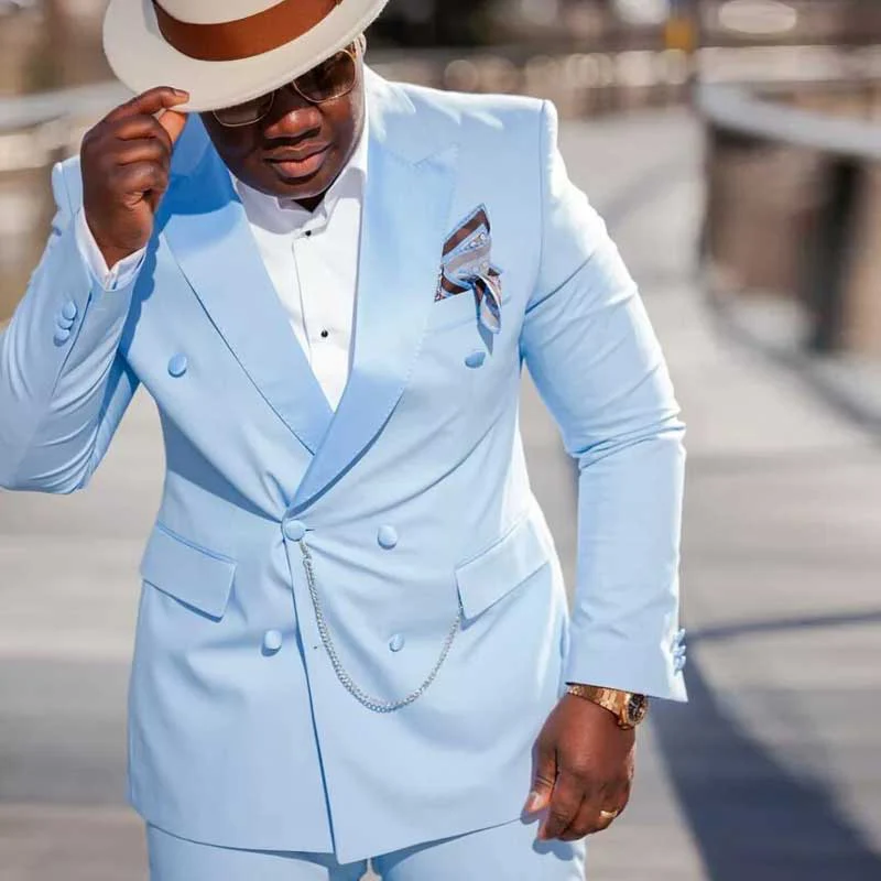Slim Fit мъжки костюм с двойна гърда светлина Sky Blue 2 парче младоженец смокинг за сватба абитуриентски бал африкански мъж мода комплект яке панталони Изображение 0