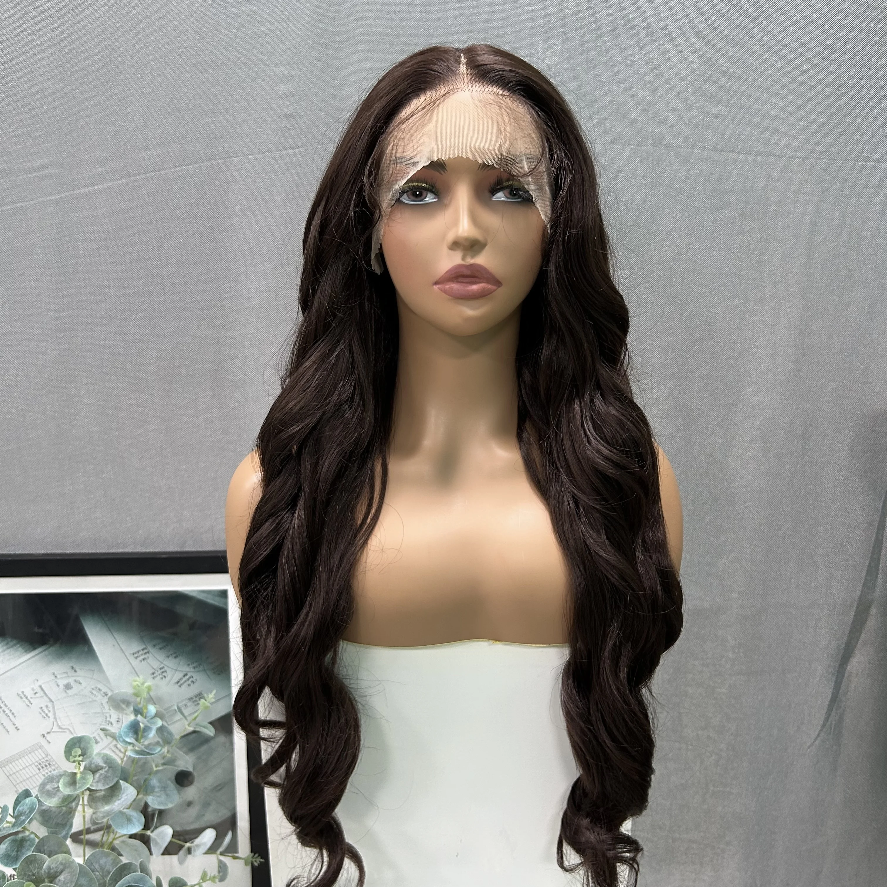 X-TRESS кафяви перуки елегантен 28 инчов дълго тяло вълна синтетична дантела предна перука за черни жени дишаща естествена коса дантела перуки Изображение 0