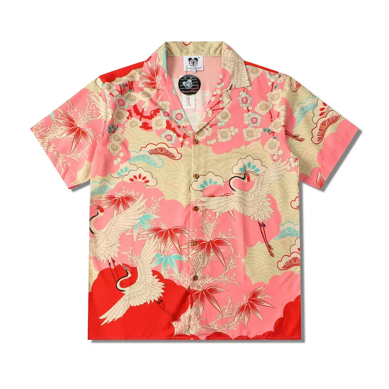 Y2K Лято Нова реколта случайни извънгабаритни мъжки дрехи Хавайски плаж риза Trendyol мъжки кран печат къс ръкав розови ризи Изображение 0
