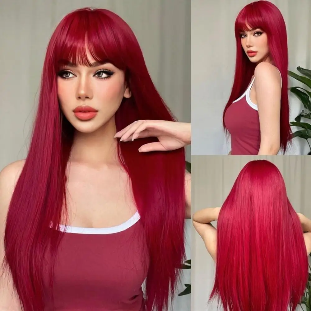 Дълга права синтетична перука със среден бретон червена перука за коса жени косплей естествена коса топлоустойчива пълна глава капак Изображение 0