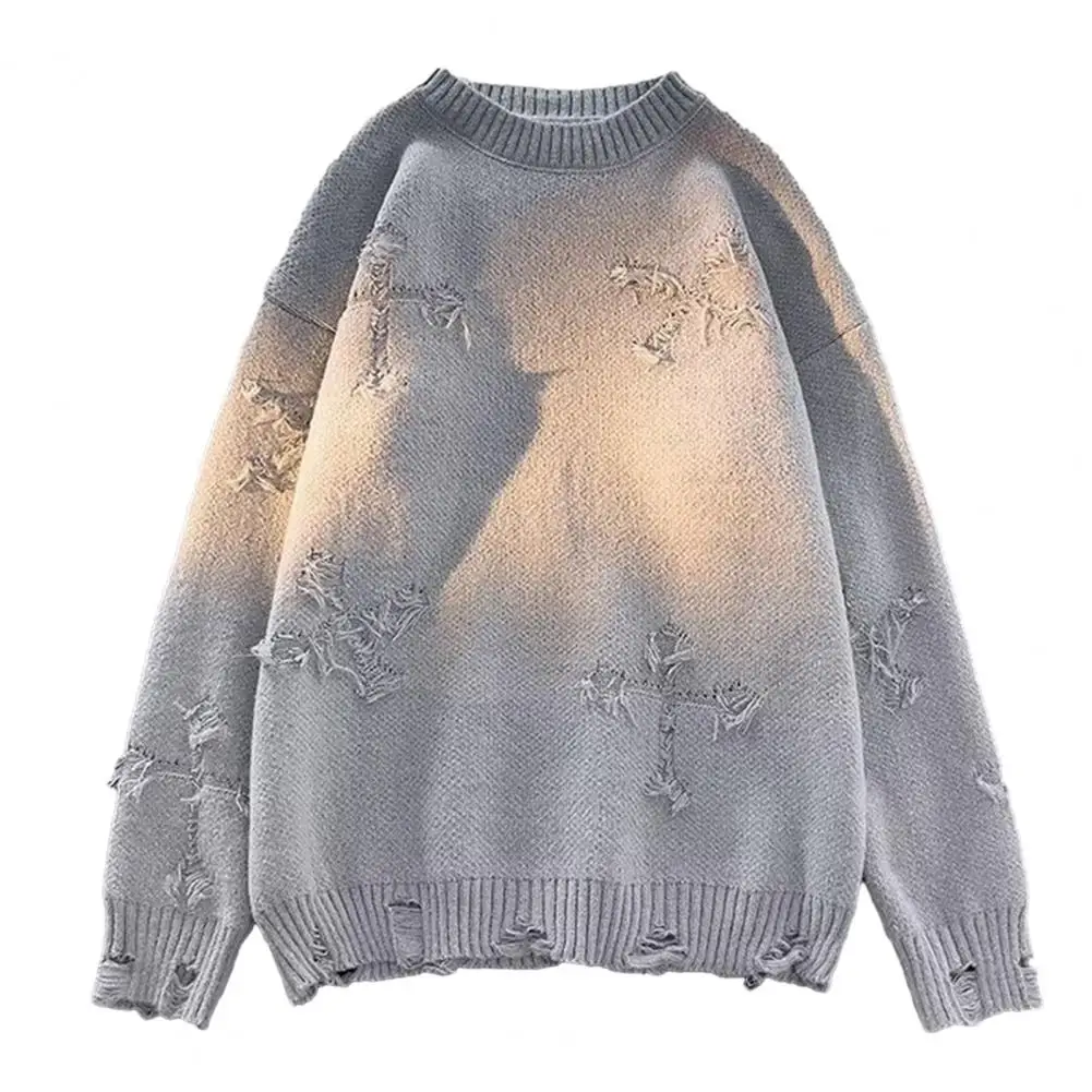 Есен Зима пуловер мъже ретро изтръгнат пискюл кръст модел плетене върховете плътен цвят хлабав O-образно деколте дълъг ръкав пуловер трикотаж Изображение 0