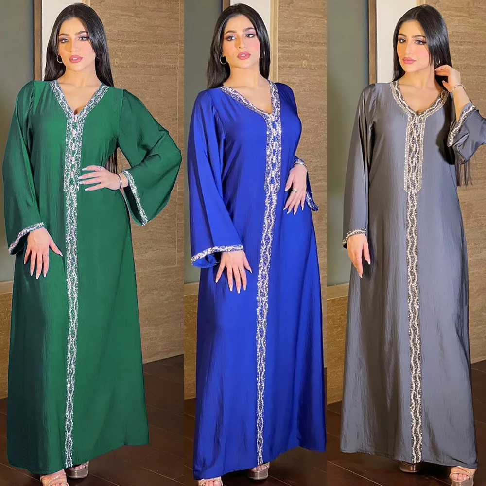 ислямска Саудитска Арабия Нов продукт Близкия изток Рамадан Марокански Луксозен мюсюлмански мода Hot Diamond жените Abaya роба Изображение 0