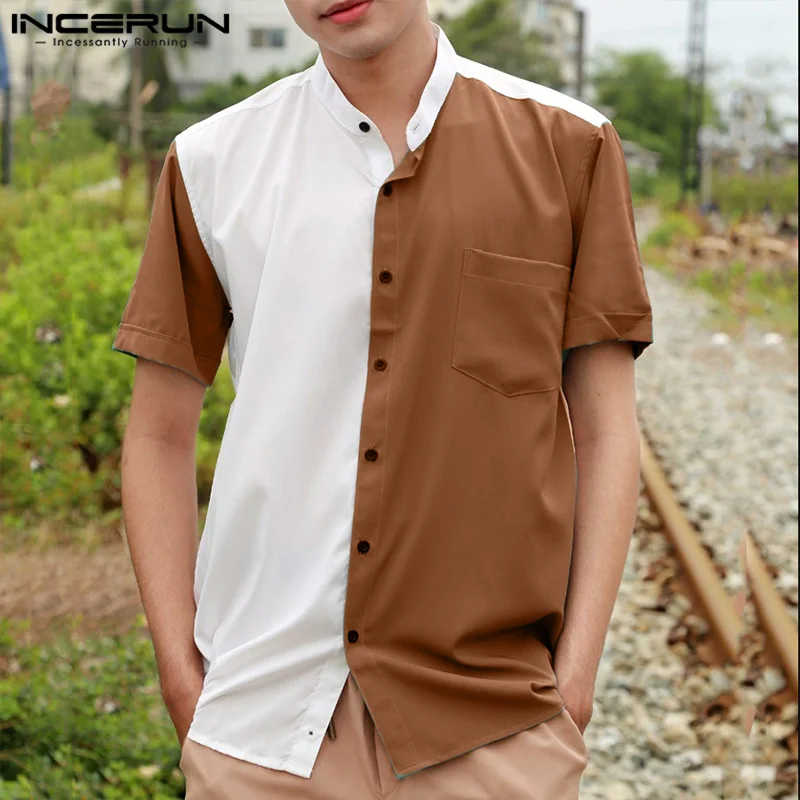 Мода случайни стил върховете INCERUN мъже 2-цвят контрастиращи S-5XL мъжки ризи с къс ръкав шевове цвят бутон нагоре лятна блуза Изображение 0