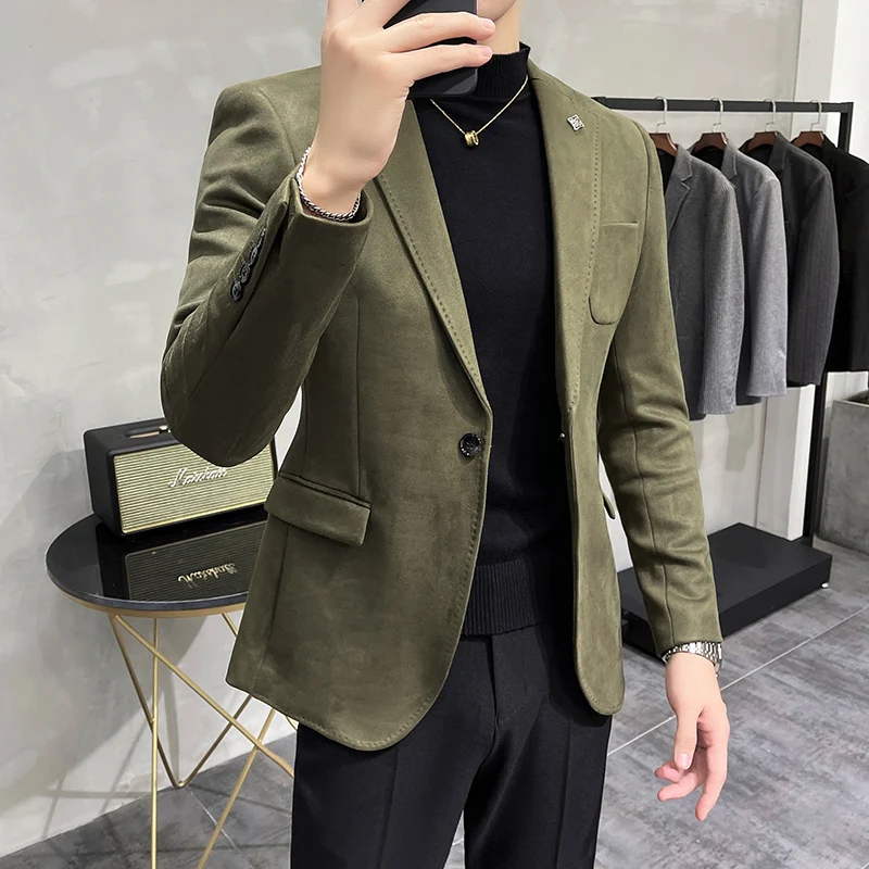 Нови 2024 висококачествени велурени блейзъри за мъже, корейски тънък годни едноредно яке, средна възраст мъж костюм палто Изображение 0