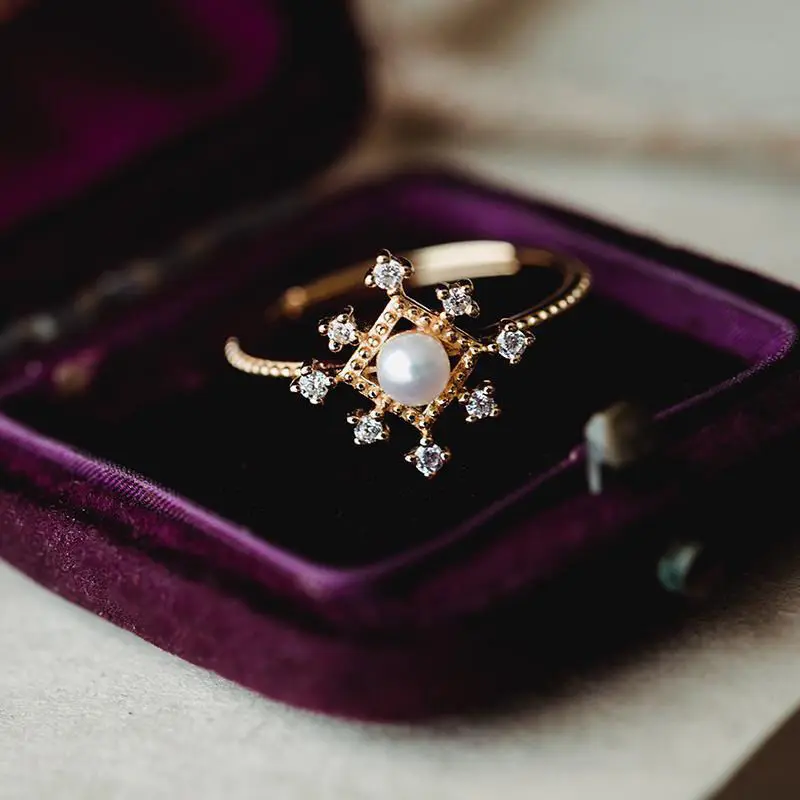 [Първи сняг] Перлен пръстен Изящен темперамент S925 позлатен пръстен Ден на Свети Валентин годишнина рожден ден бижута подарък пръстен Изображение 0