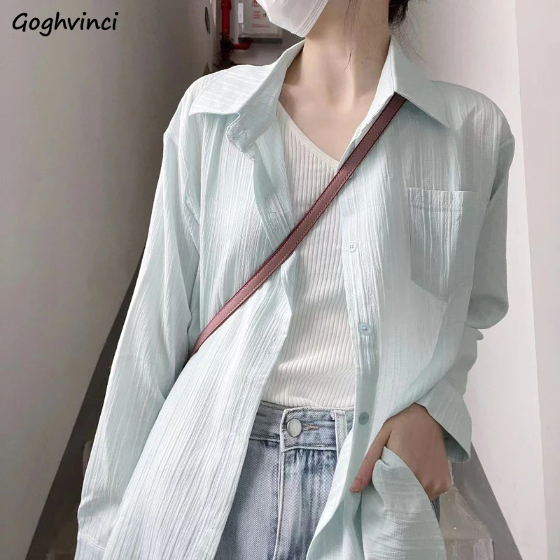 Свободни ризи с дълъг ръкав Дамски модни креп върхове джобове твърди пролет лято слънцезащитен офис Mujer Blusas корейски стил Y2k Изображение 0