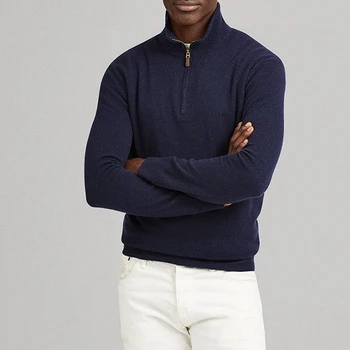 2021 Есен Зима Мъжки пуловери Плътен цвят половин цип Plullovers Мъже Висококачествен плетен пуловер Мъже