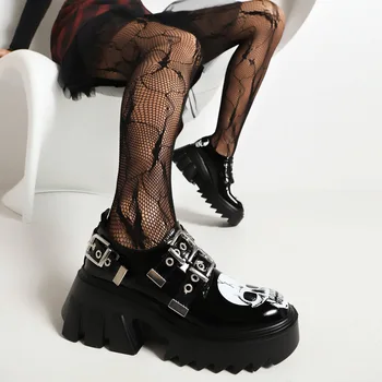 2023 Голям череп метал дебела подметка обувки тъмен пънк Instagram готически колан катарама дамски обувки