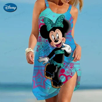 2023 Лято Мини Маус жени мода прашка печат рокля Disney жени секси хлабав морски плаж случайни плаж