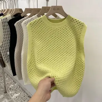 2023 Началото на есента Нова кръгла врата твърда подложка риза жилетка куха навън дизайн се чувстват трикотажни потник пуловер отгоре за жени