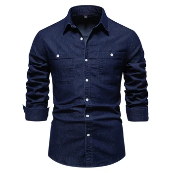 2023 Нова есенна мъжка дънкова риза памучна еластична ежедневна социален дизайн Двойни джобове Тънки дънки ризи за мъже
