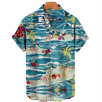 2023 Хавайски мъжки ризи Морска ваканция 3D принтирани модни ризи Хлабав извънгабаритни случайни мъжки дрехи случайни реколта върховете