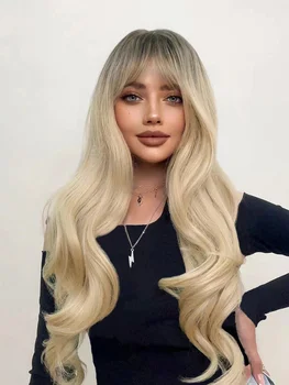 26Inch Blond Golden Gradient Black Brown Synthetic Wigs with Bangs Long Natural Wavy Hair Wig for Women Ежедневна употреба Топлоустойчива
