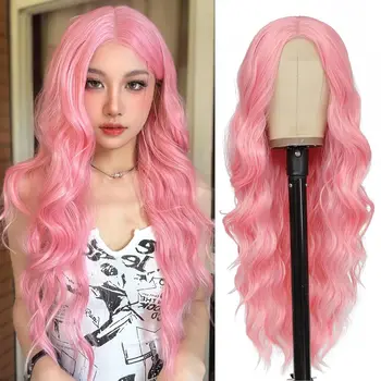 28 инча супер дълъг розов цвят тялото вълна синтетична перука блондинка дълго вълнообразни лепило влакна дантела фронтални перуки косплей употреба жени коса