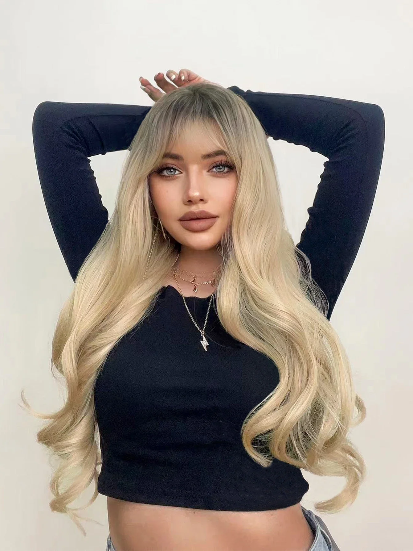 26Inch Blond Golden Gradient Black Brown Synthetic Wigs with Bangs Long Natural Wavy Hair Wig for Women Ежедневна употреба Топлоустойчива Изображение 1