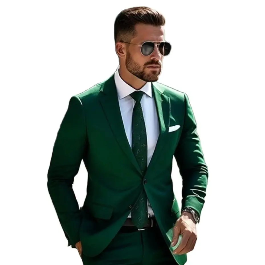 Fashion Green Men Suits Blazer Slim Fit Notched Lapel Single Breasted Flat Skinny 2 Piece Jacket Pants Elegant Blazer 2023 Изображение 1