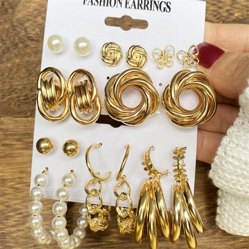 FNIO Модерен златен цвят Geometirc кръгла перла обръч обеци комплект за жени пеперуда змия обръч обеци бижута подарък Изображение 1