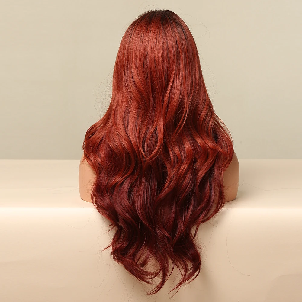 Long Body Wave синтетични перуки Ombre кафява до дълбоко червена перука коса за жени средна част косплей парти Daily топлоустойчиви влакна Изображение 1