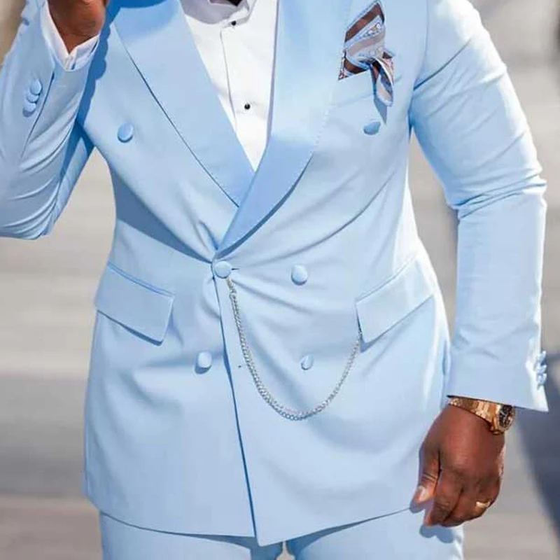 Slim Fit мъжки костюм с двойна гърда светлина Sky Blue 2 парче младоженец смокинг за сватба абитуриентски бал африкански мъж мода комплект яке панталони Изображение 1