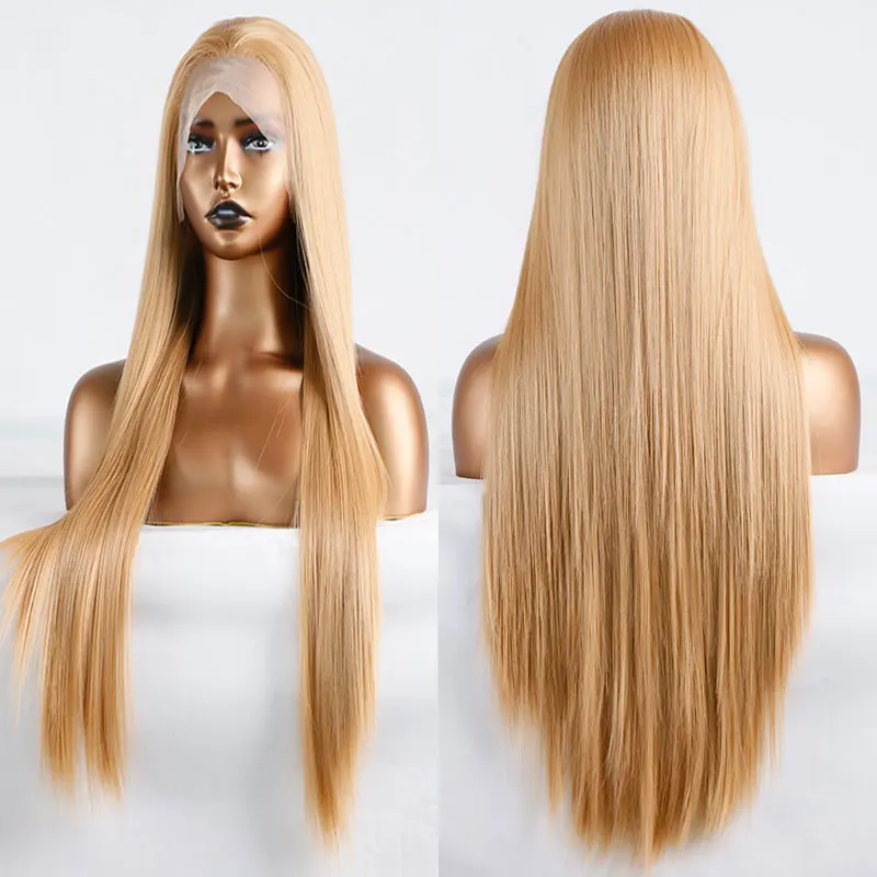 Бомба злато блондинка синтетична коса дантела предни перуки за жени дълга права коса перука топлоустойчиви влакна Daily Cosplay перуки Изображение 1