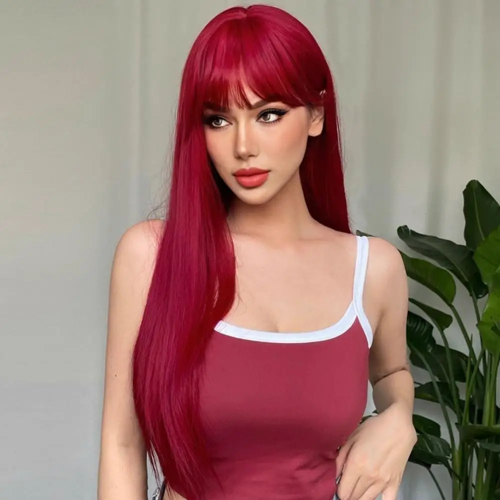 Дълга права синтетична перука със среден бретон червена перука за коса жени косплей естествена коса топлоустойчива пълна глава капак Изображение 1