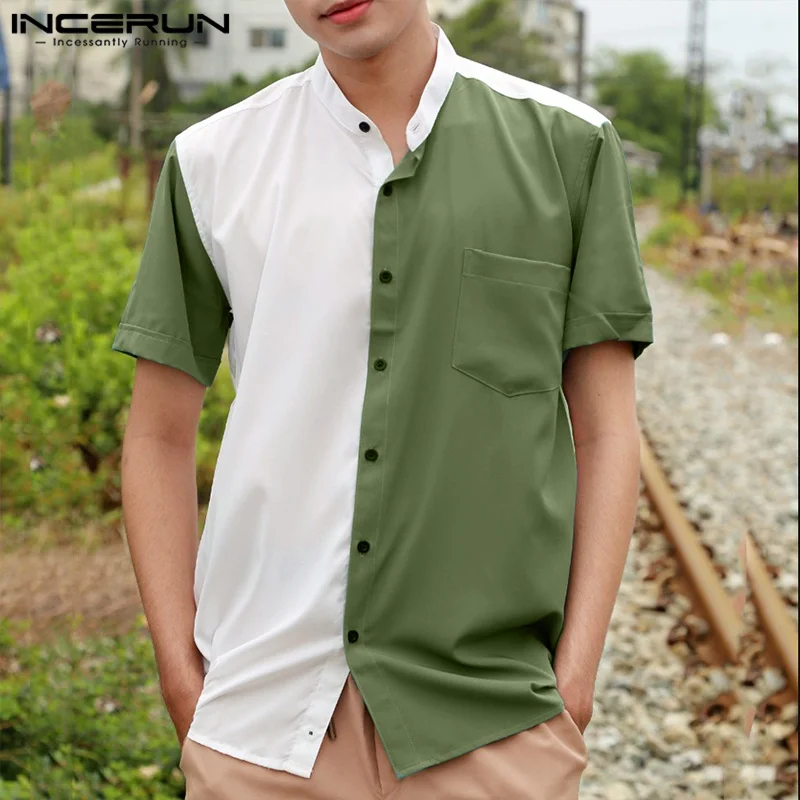 Мода случайни стил върховете INCERUN мъже 2-цвят контрастиращи S-5XL мъжки ризи с къс ръкав шевове цвят бутон нагоре лятна блуза Изображение 1