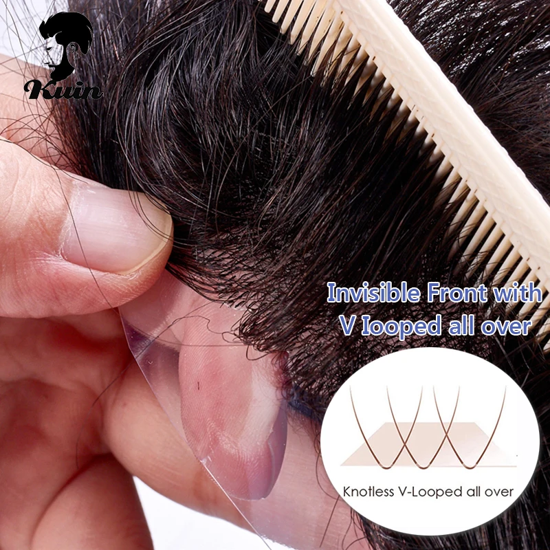 Мъжки перуки от човешка коса Фини моно мъже капилярна протеза Трайна тупеева система за коса Wave Индийски Remy Подмяна на човешка коса Изображение 1