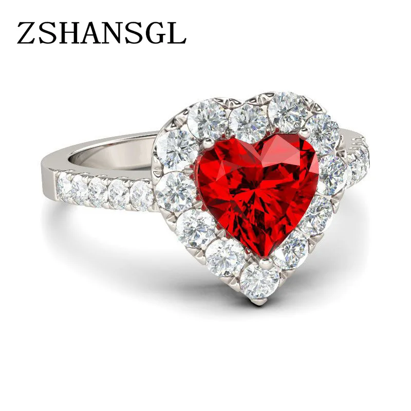 Нов червен цвят циркон сребърен цвят пръстен любов сърце романтичен пръст пръстен за жени сватбени бижута Bague Изображение 1