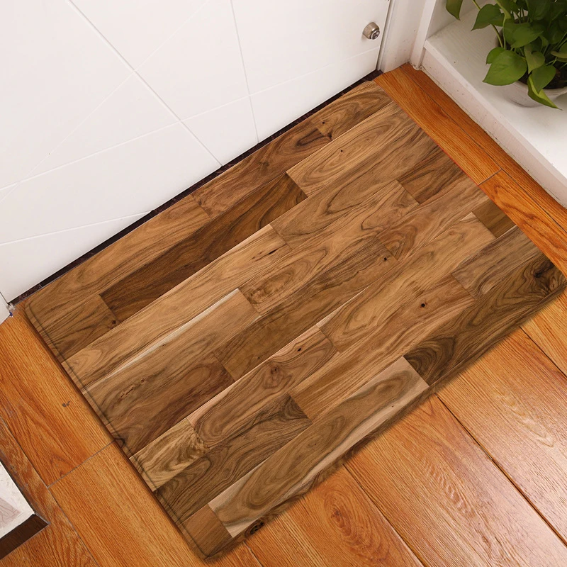 Ретро дърво дъска баня мат стари кафяви райета текстура геометрични нехлъзгащи килим фланела етаж декор баня кухня входни килими Изображение 1