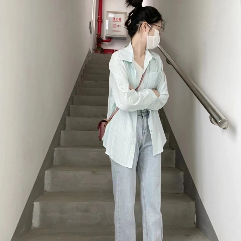 Свободни ризи с дълъг ръкав Дамски модни креп върхове джобове твърди пролет лято слънцезащитен офис Mujer Blusas корейски стил Y2k Изображение 1