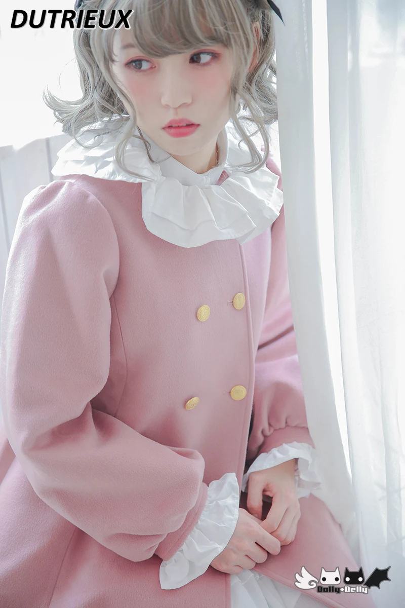Harajuku стил разрошени палта средна дължина сладък фенер ръкави вълнено палто зимата хлабав вълнен палто за жени връхни дрехи Изображение 2
