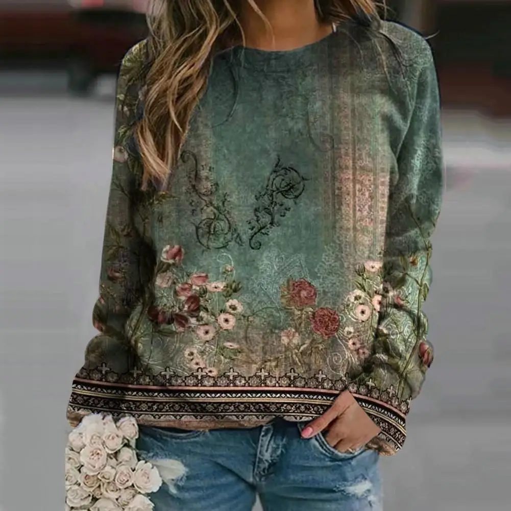 Lady реколта Топ реколта флорални раирани печат суитчър етнически стил хлабав пуловер за жени дълъг ръкав тениска блуза жени Изображение 2