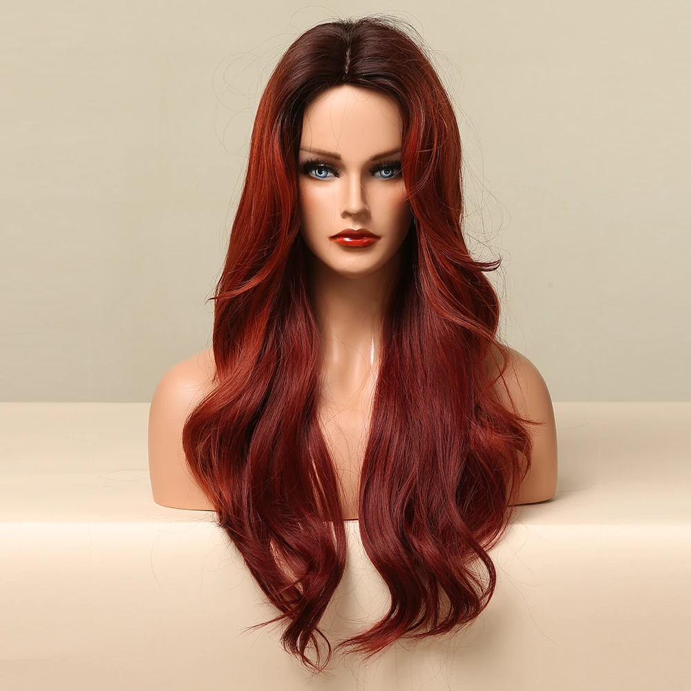 Long Body Wave синтетични перуки Ombre кафява до дълбоко червена перука коса за жени средна част косплей парти Daily топлоустойчиви влакна Изображение 2