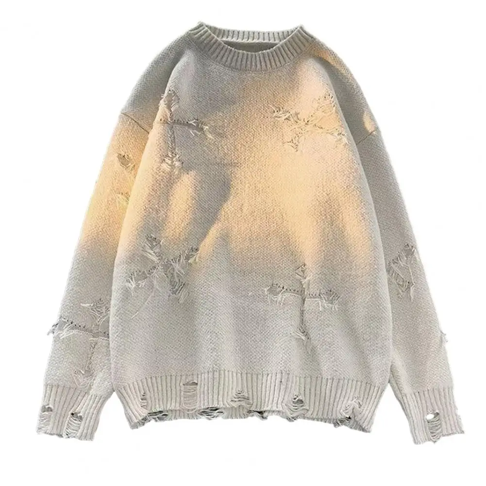 Есен Зима пуловер мъже ретро изтръгнат пискюл кръст модел плетене върховете плътен цвят хлабав O-образно деколте дълъг ръкав пуловер трикотаж Изображение 2