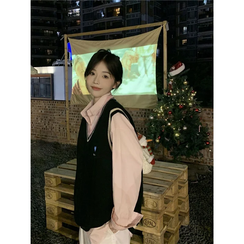Корейска мода раирана пуловер жилетка жени Preppy стил любов сърце черен джъмпер Harajuku случайни Kpop трикотажни отгоре женски Изображение 2