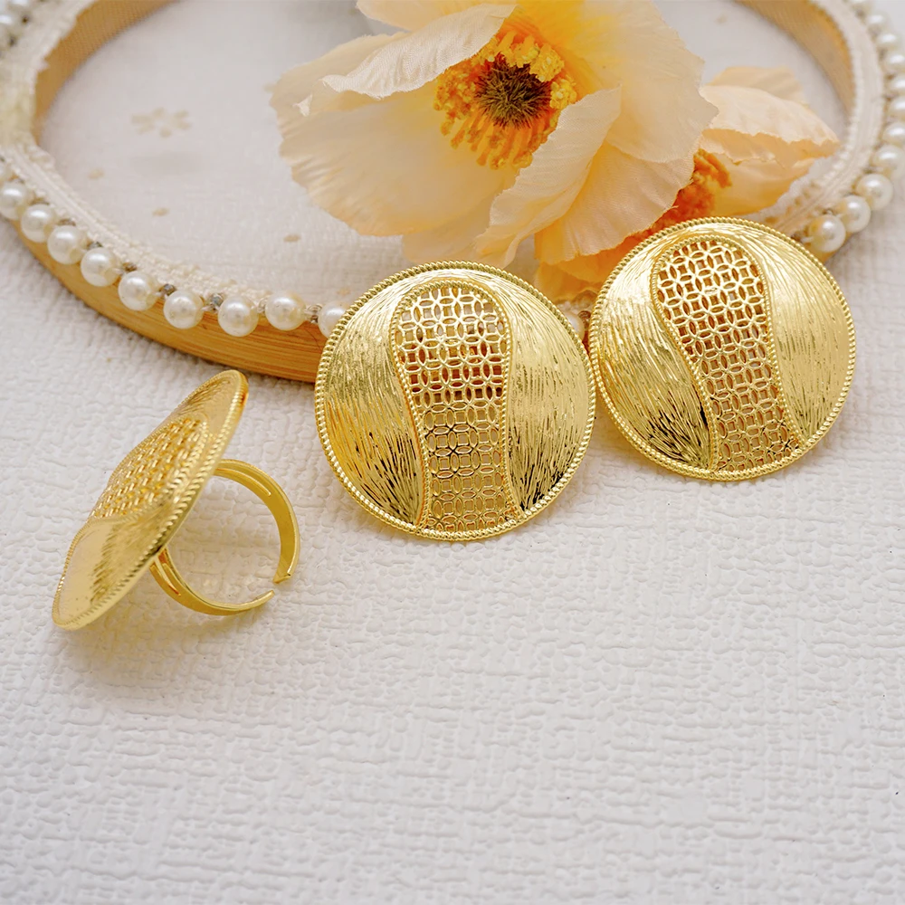 Мода Дубай африкански златен цвят медни обеци преоразмеряващи пръстени етиопски бижута комплект за жени сватбено парти подаръци Изображение 2