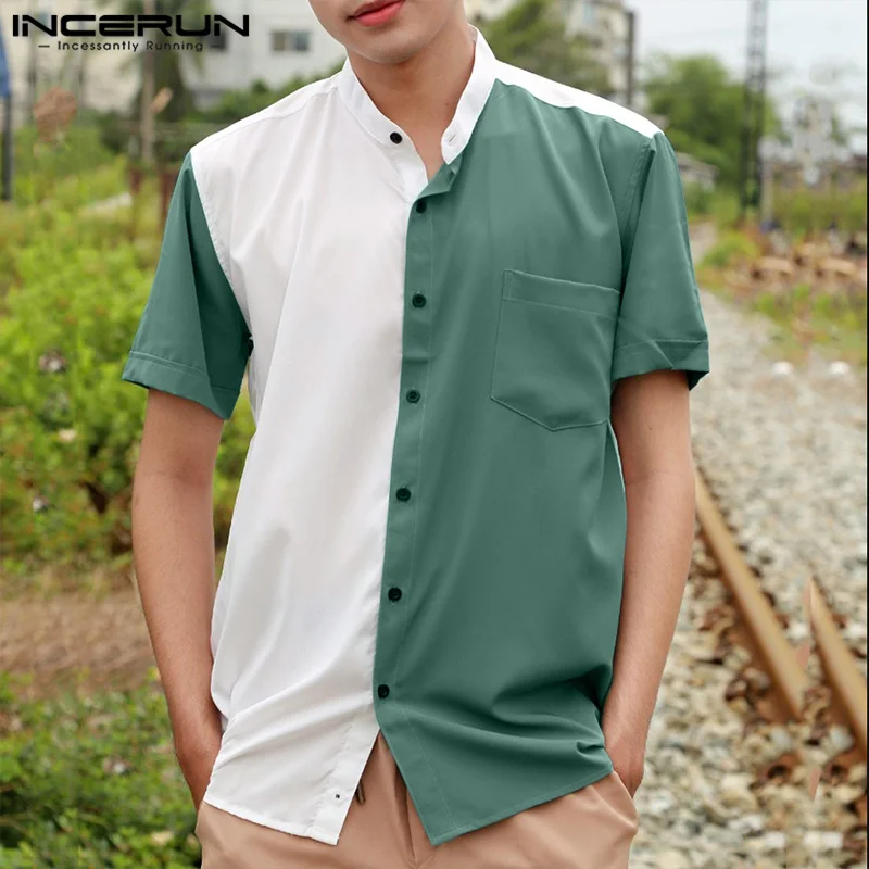 Мода случайни стил върховете INCERUN мъже 2-цвят контрастиращи S-5XL мъжки ризи с къс ръкав шевове цвят бутон нагоре лятна блуза Изображение 2