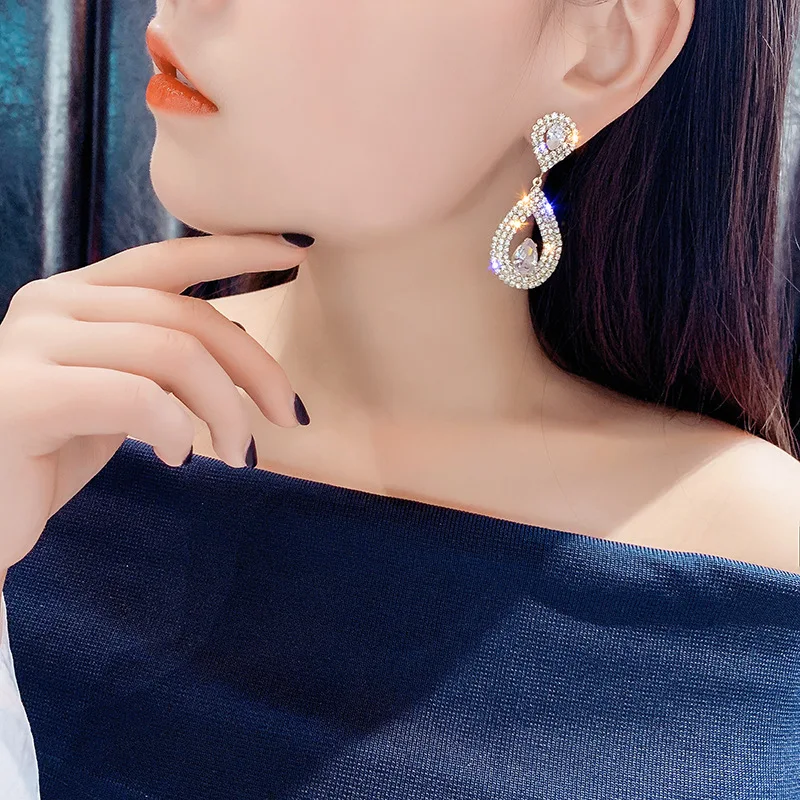 Модерна мода лъскава вода капка диамант кристал обеци за жени 925 сребърна игла луксозни аксесоари за уши бижута подарък Изображение 2