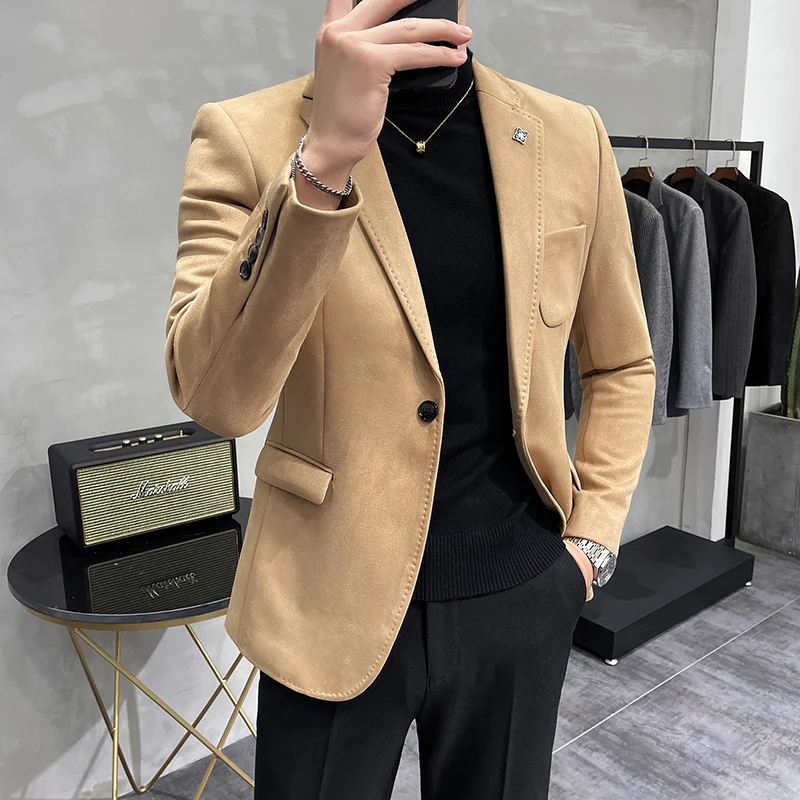 Нови 2024 висококачествени велурени блейзъри за мъже, корейски тънък годни едноредно яке, средна възраст мъж костюм палто Изображение 2