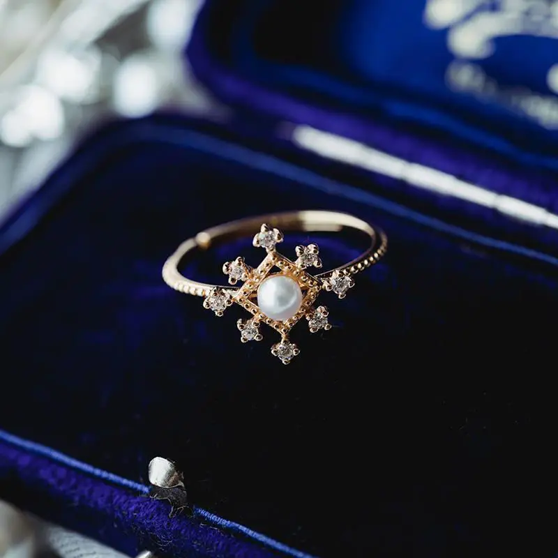 [Първи сняг] Перлен пръстен Изящен темперамент S925 позлатен пръстен Ден на Свети Валентин годишнина рожден ден бижута подарък пръстен Изображение 2